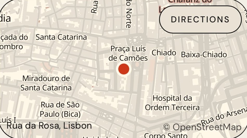 A map of Rua da Rosa in Lisbon, drawn in the Geo theme's colours, with a Directions button